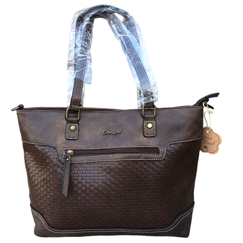 BROWN PU Leather Cotton Road Handbag with PATTERN Print