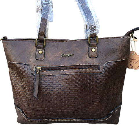 BROWN PU Leather Cotton Road Handbag with PATTERN Print