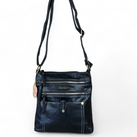 BLACK PU Leather Cotton Road Sling Bag with Metal Zips