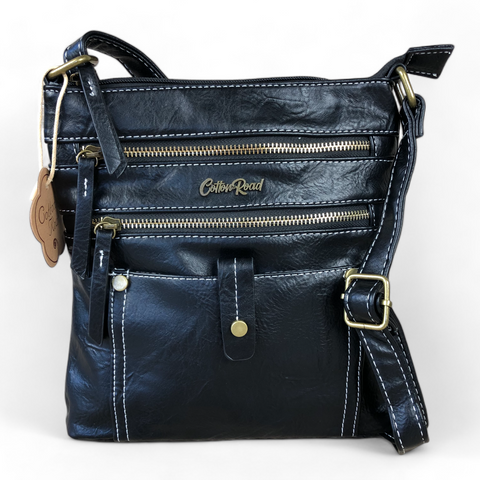 BLACK PU Leather Cotton Road Sling Bag with Metal Zips