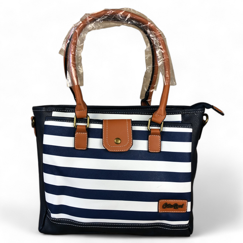 BLUE and WHITE PVC Cotton Road Handbag with STRIPES and TAN Trim