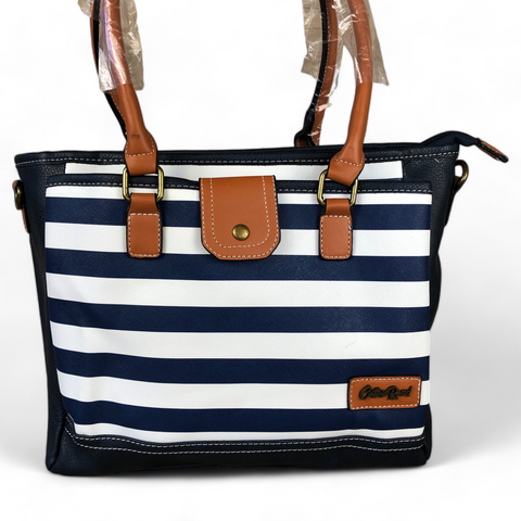 BLUE and WHITE PVC Cotton Road Handbag with STRIPES and TAN Trim