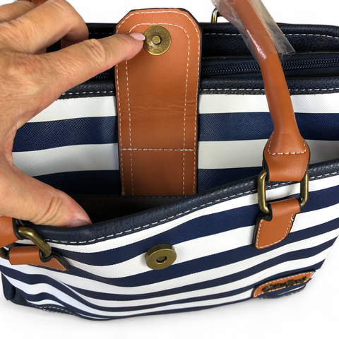 BLUE and WHITE PVC Cotton Road Handbag with STRIPES and TAN Trim