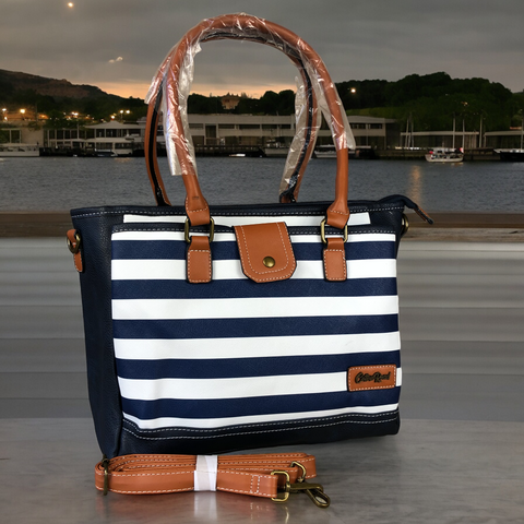 BLUE and WHITE PVC Cotton Road Handbag with STRIPES and TAN Trim