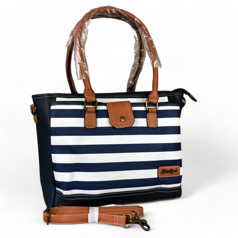 BLUE and WHITE PVC Cotton Road Handbag with STRIPES and TAN Trim