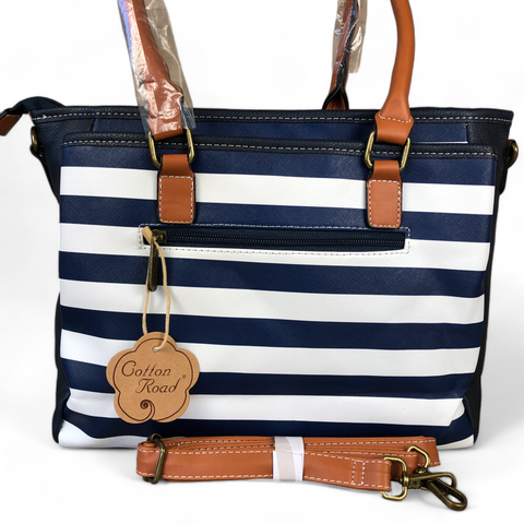 BLUE and WHITE PVC Cotton Road Handbag with STRIPES and TAN Trim