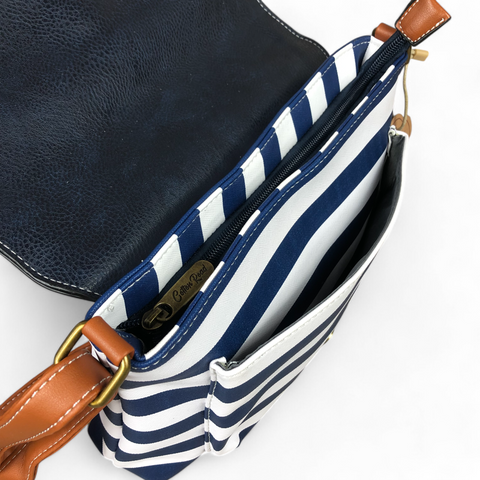 NAVY and WHITE PVC Cotton Road Sling Bag with STRIPES and TAN TRIM