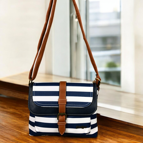 NAVY and WHITE PVC Cotton Road Sling Bag with STRIPES and TAN TRIM