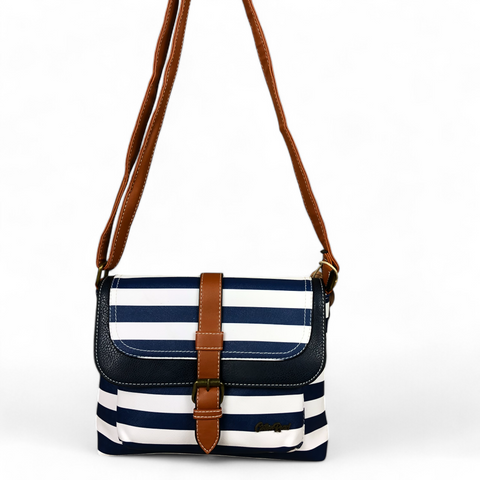 NAVY and WHITE PVC Cotton Road Sling Bag with STRIPES and TAN TRIM