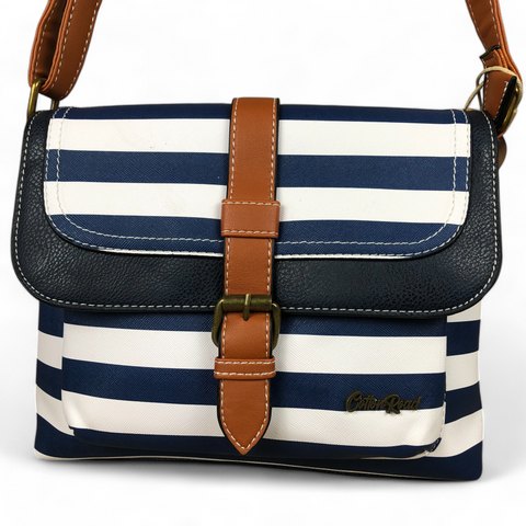 NAVY and WHITE PVC Cotton Road Sling Bag with STRIPES and TAN TRIM