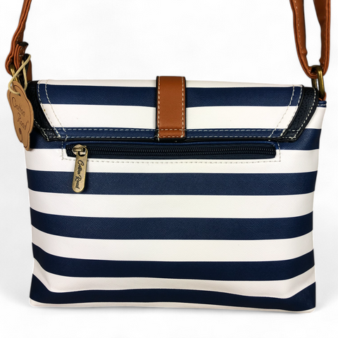 NAVY and WHITE PVC Cotton Road Sling Bag with STRIPES and TAN TRIM