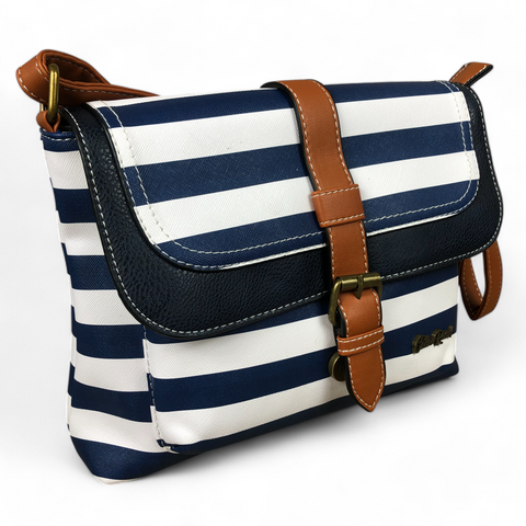 NAVY and WHITE PVC Cotton Road Sling Bag with STRIPES and TAN TRIM