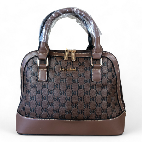 BROWN Patterned PU Leather Cotton Road Handbag