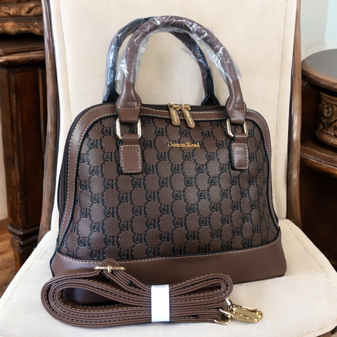 BROWN Patterned PU Leather Cotton Road Handbag