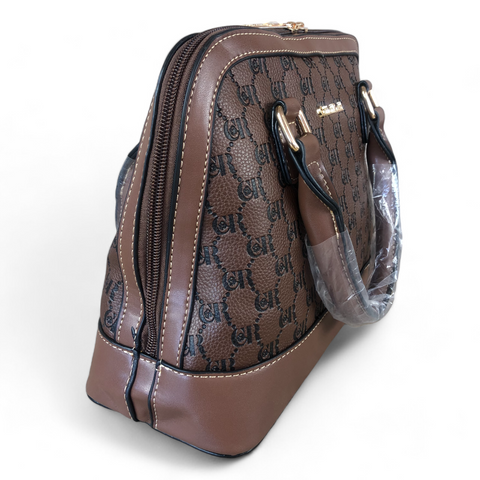 BROWN Patterned PU Leather Cotton Road Handbag