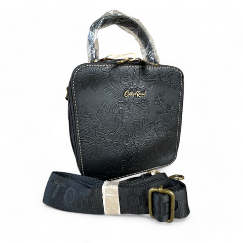 Cotton Road BLACK PU Leather Handbag with EMBOSSED FLORAL Print