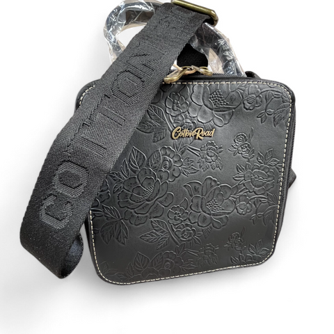 Cotton Road BLACK PU Leather Handbag with EMBOSSED FLORAL Print