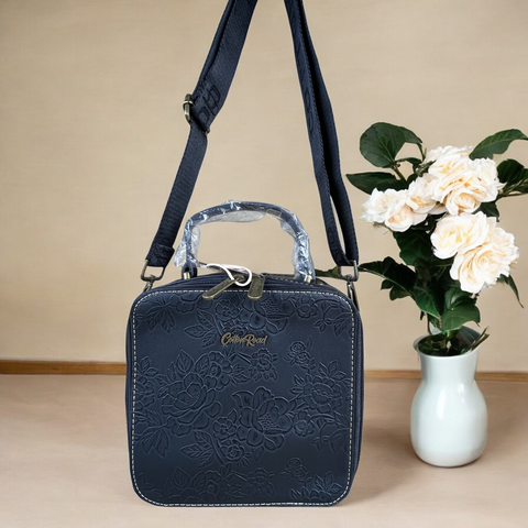 Cotton Road BLACK PU Leather Handbag with EMBOSSED FLORAL Print