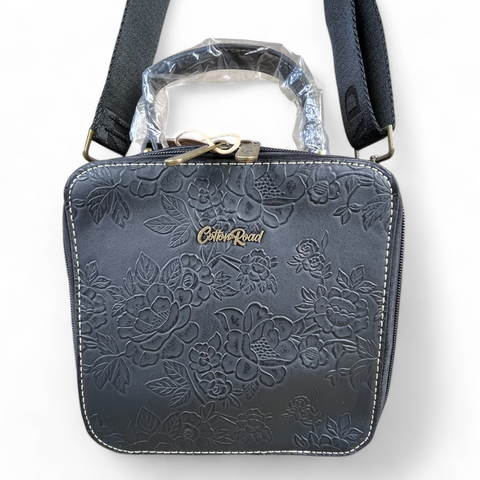 Cotton Road BLACK PU Leather Handbag with EMBOSSED FLORAL Print