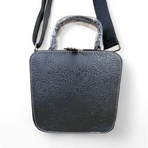 Cotton Road BLACK PU Leather Handbag with EMBOSSED FLORAL Print