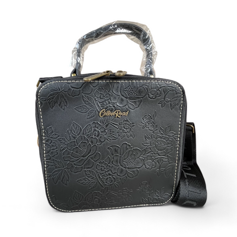 Cotton Road BLACK PU Leather Handbag with EMBOSSED FLORAL Print