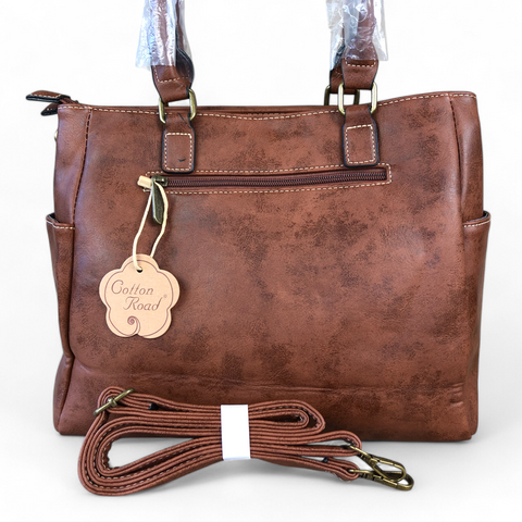 TAN Cotton Road PU Leather Handbag with Pockets