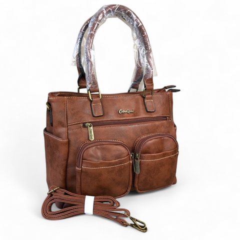 TAN Cotton Road PU Leather Handbag with Pockets