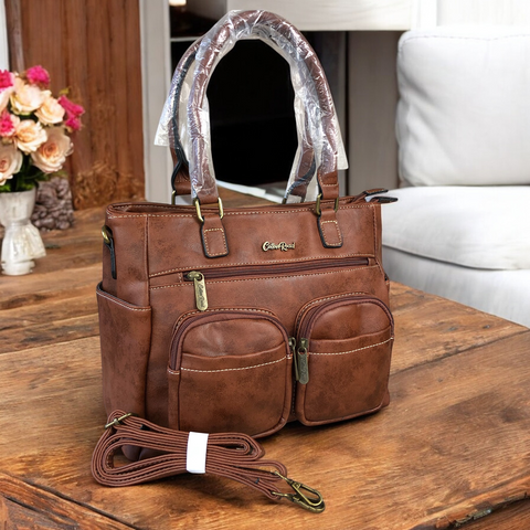 TAN Cotton Road PU Leather Handbag with Pockets